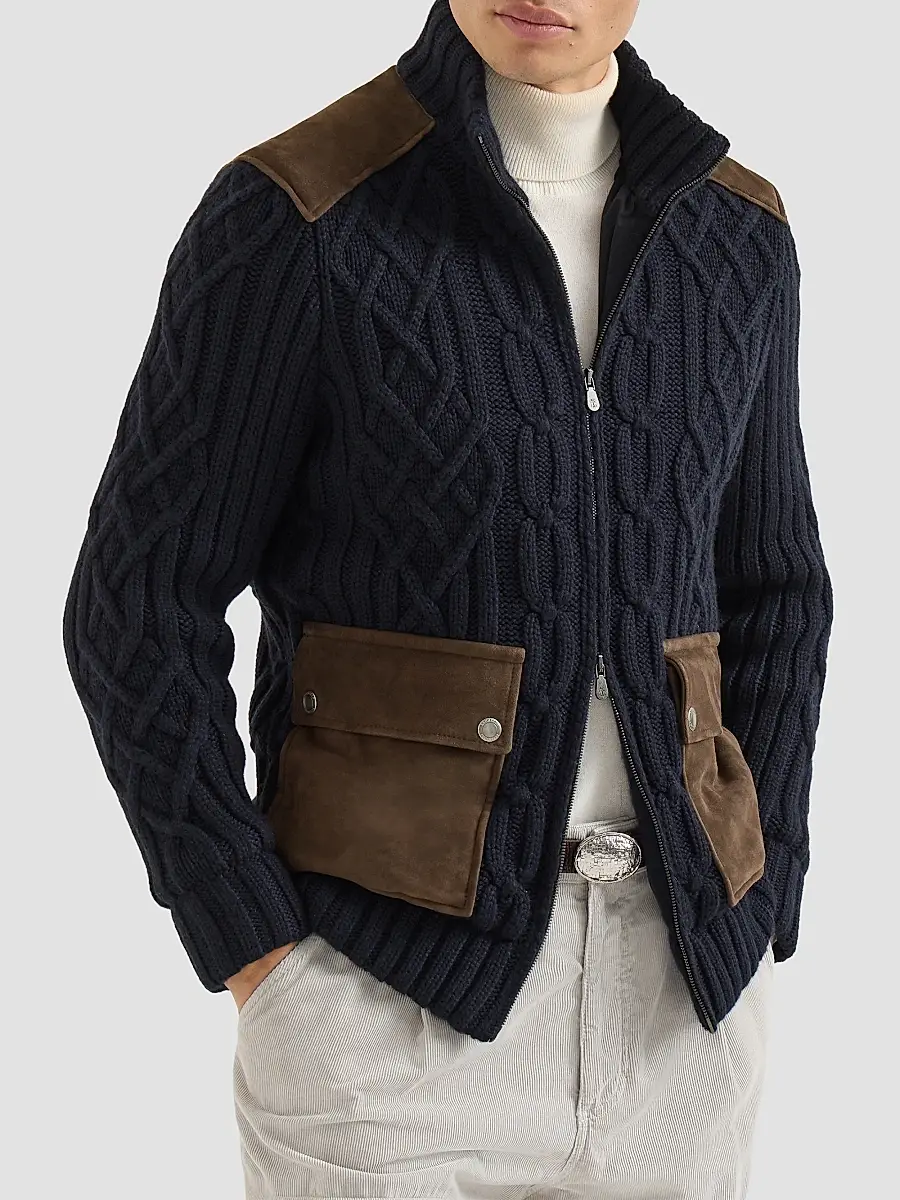 Brunello Cucinelli Men's Cable Knit Cardigan in Cashmere Feather with Suede Inserts - Navy Blue | Thumbnail 3 Brunello Cucinelli Men's Cable Knit Cardigan in Cashmere Feather with Suede Inserts - Navy Blue | Thumbnail 3