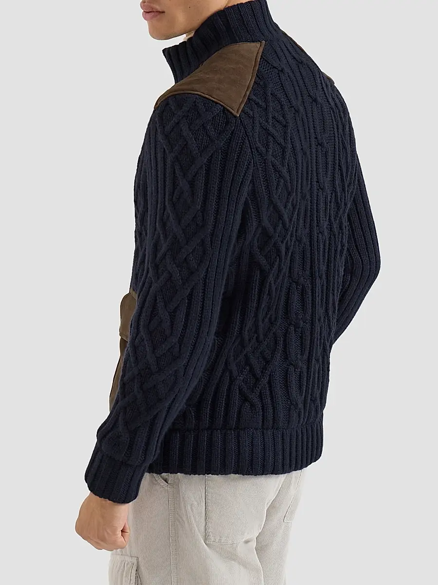 Brunello Cucinelli Men's Cable Knit Cardigan in Cashmere Feather with Suede Inserts - Navy Blue | Thumbnail 4 Brunello Cucinelli Men's Cable Knit Cardigan in Cashmere Feather with Suede Inserts - Navy Blue | Thumbnail 4