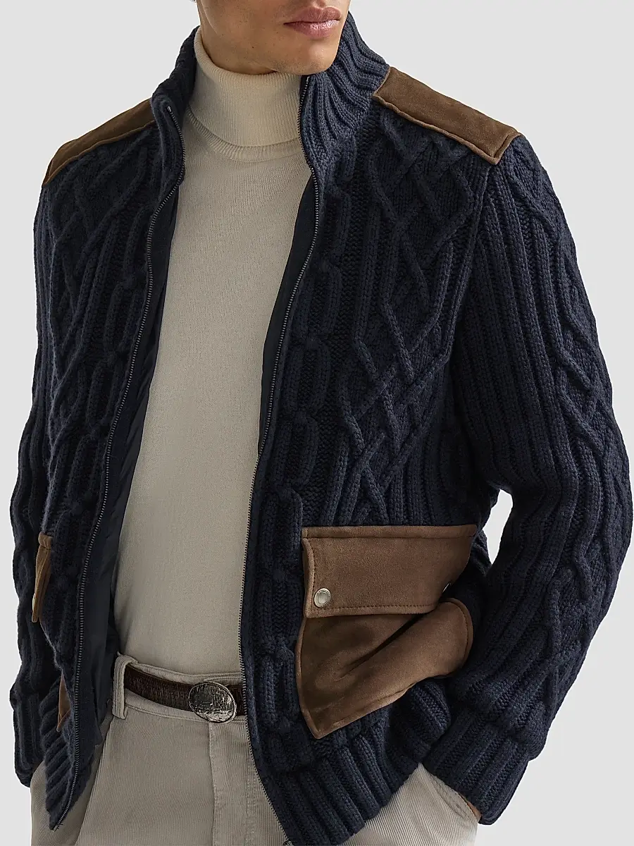 Brunello Cucinelli Men's Cable Knit Cardigan in Cashmere Feather with Suede Inserts - Navy Blue | Thumbnail 5 Brunello Cucinelli Men's Cable Knit Cardigan in Cashmere Feather with Suede Inserts - Navy Blue | Thumbnail 5