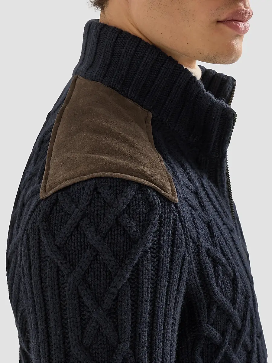 Brunello Cucinelli Men's Cable Knit Cardigan in Cashmere Feather with Suede Inserts - Navy Blue | Thumbnail 6 Brunello Cucinelli Men's Cable Knit Cardigan in Cashmere Feather with Suede Inserts - Navy Blue | Thumbnail 6