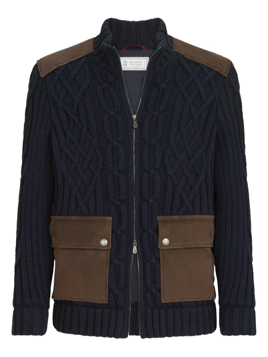 Brunello Cucinelli Men's Cable Knit Cardigan in Cashmere Feather with Suede Inserts - Navy Blue
