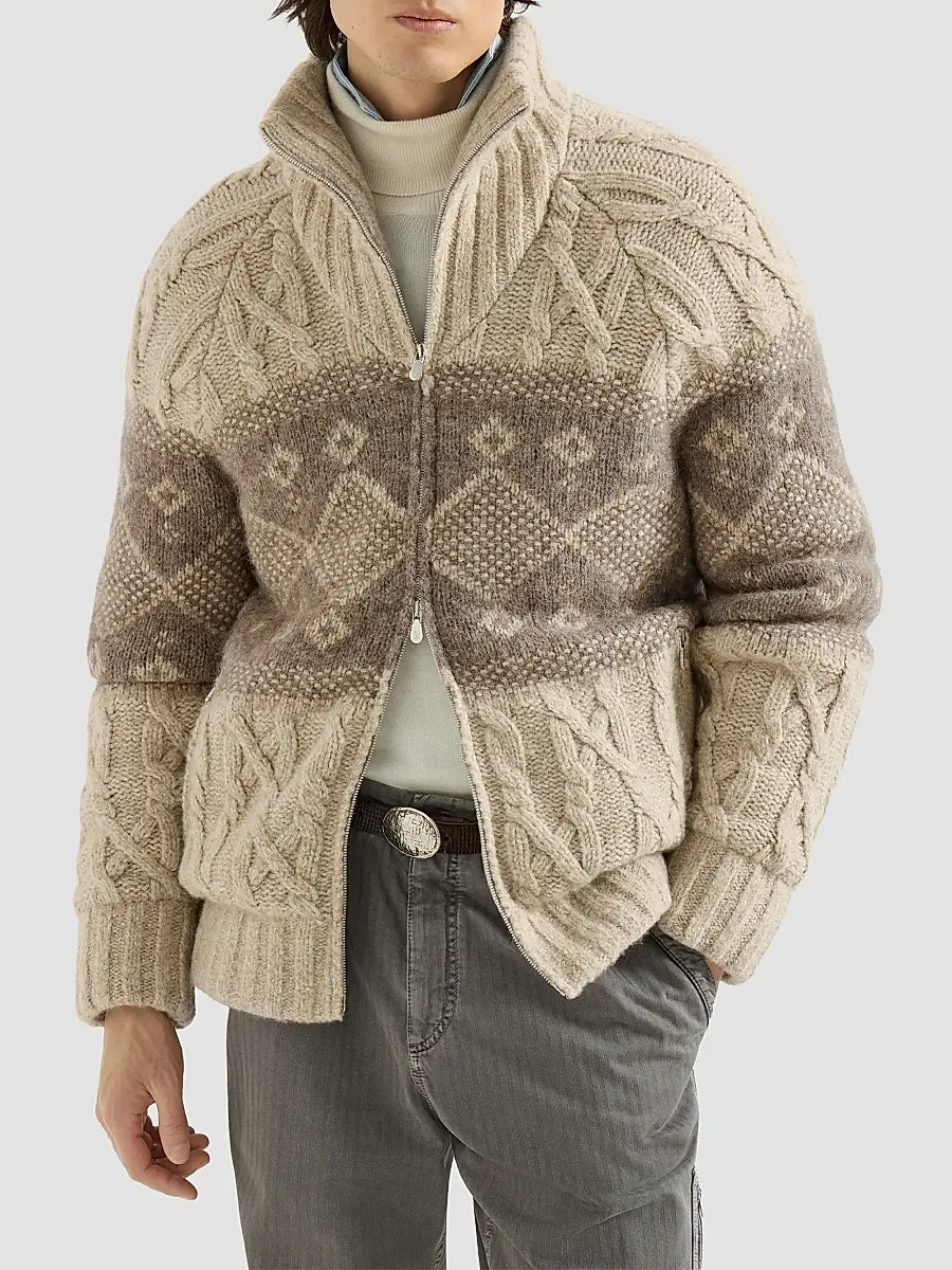 Brunello Cucinelli Men's Virgin Wool, Silk and Cashmere Chiné Cable Knit Down Jacket | Thumbnail 3 Brunello Cucinelli Men's Virgin Wool, Silk and Cashmere Chiné Cable Knit Down Jacket | Thumbnail 3