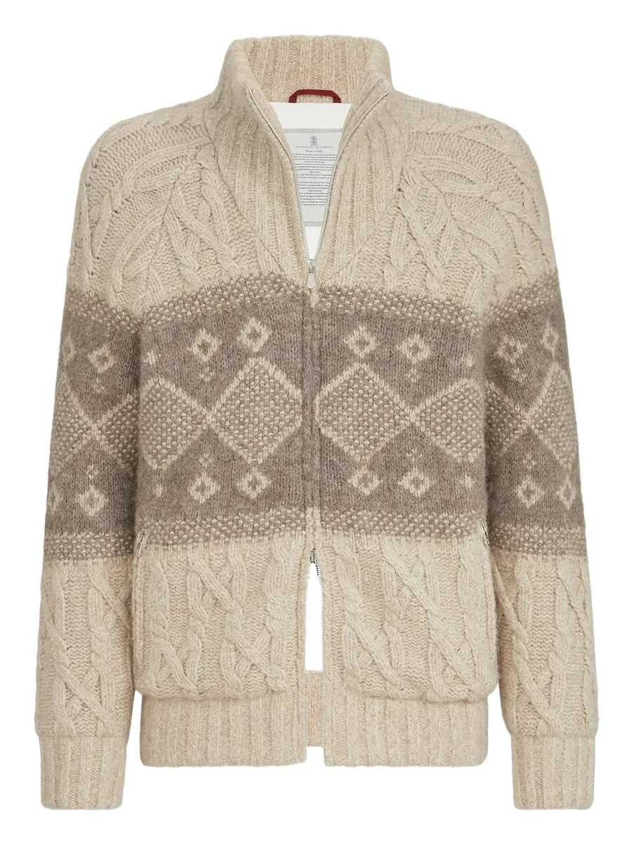 Brunello Cucinelli Men's Virgin Wool, Silk and Cashmere Chiné Cable Knit Down Jacket