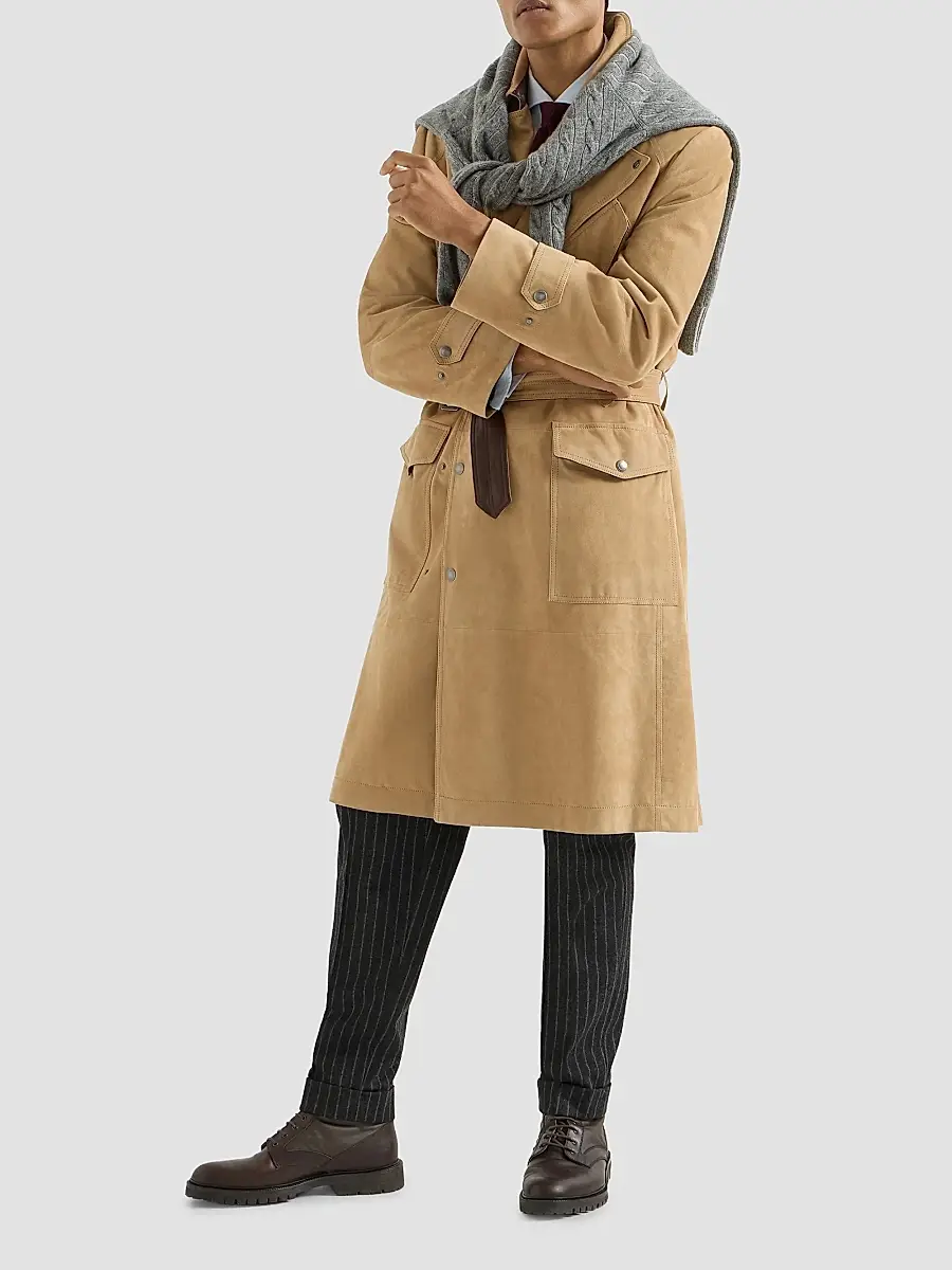 Brunello Cucinelli Men's Suede Motorcycle Trenchcoat with Nappa Leather Inserts | Thumbnail 2 Brunello Cucinelli Men's Suede Motorcycle Trenchcoat with Nappa Leather Inserts | Thumbnail 2