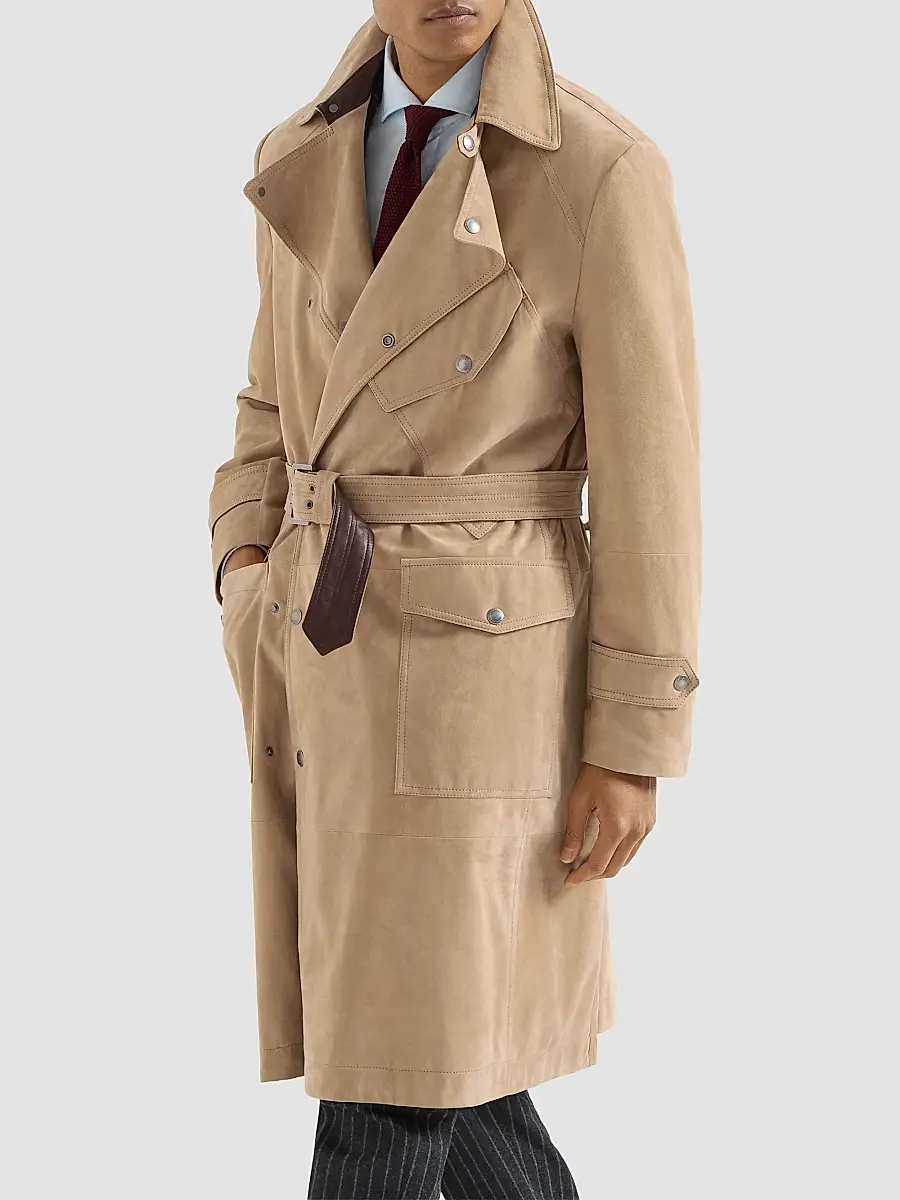 Brunello Cucinelli Men's Suede Motorcycle Trenchcoat with Nappa Leather Inserts | Thumbnail 3 Brunello Cucinelli Men's Suede Motorcycle Trenchcoat with Nappa Leather Inserts | Thumbnail 3