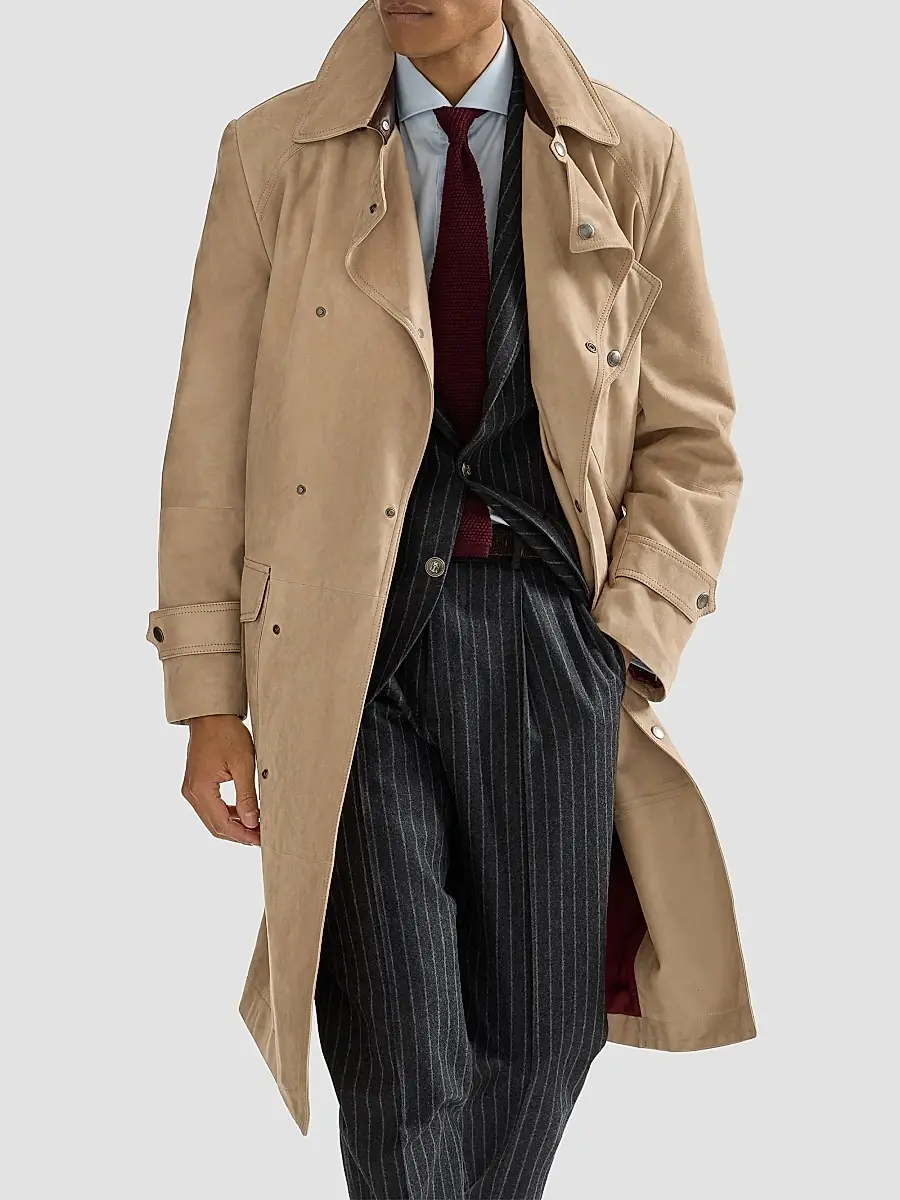 Brunello Cucinelli Men's Suede Motorcycle Trenchcoat with Nappa Leather Inserts | Thumbnail 5 Brunello Cucinelli Men's Suede Motorcycle Trenchcoat with Nappa Leather Inserts | Thumbnail 5