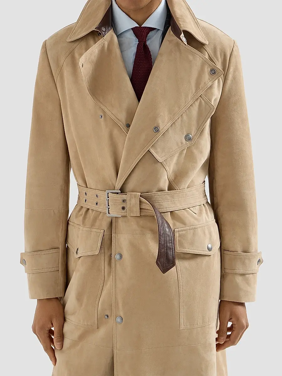 Brunello Cucinelli Men's Suede Motorcycle Trenchcoat with Nappa Leather Inserts | Thumbnail 6 Brunello Cucinelli Men's Suede Motorcycle Trenchcoat with Nappa Leather Inserts | Thumbnail 6