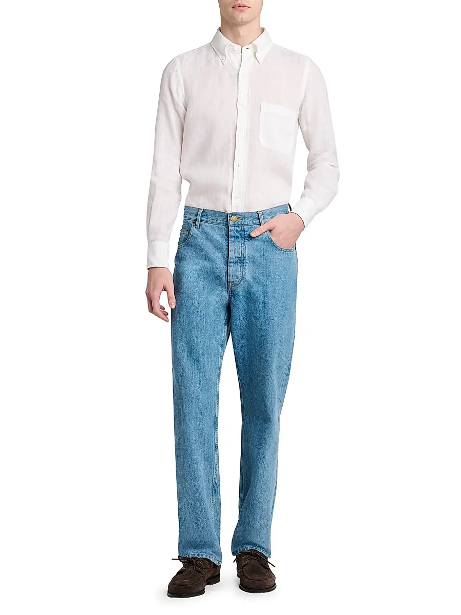 Thom Browne Men's Engineered 4-Bar Linen Straight-Fit Shirt | Thumbnail 2 Thom Browne Men's Engineered 4-Bar Linen Straight-Fit Shirt | Thumbnail 2