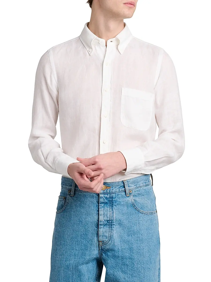 Thom Browne Men's Engineered 4-Bar Linen Straight-Fit Shirt | Thumbnail 3 Thom Browne Men's Engineered 4-Bar Linen Straight-Fit Shirt | Thumbnail 3