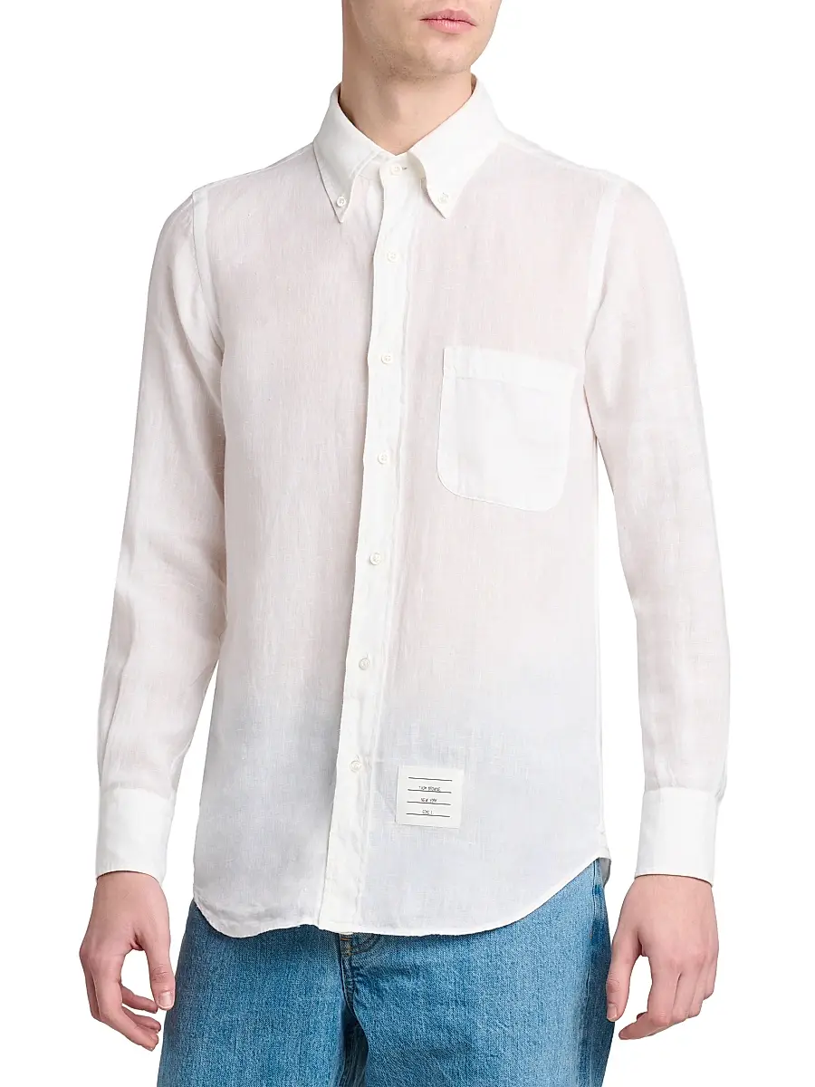 Thom Browne Men's Engineered 4-Bar Linen Straight-Fit Shirt | Thumbnail 4 Thom Browne Men's Engineered 4-Bar Linen Straight-Fit Shirt | Thumbnail 4