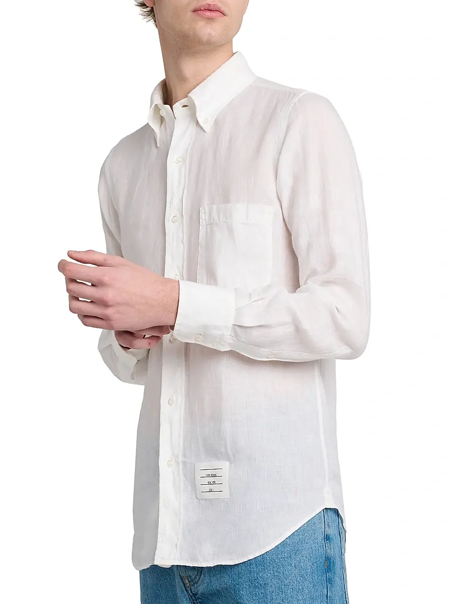Thom Browne Men's Engineered 4-Bar Linen Straight-Fit Shirt | Thumbnail 6 Thom Browne Men's Engineered 4-Bar Linen Straight-Fit Shirt | Thumbnail 6