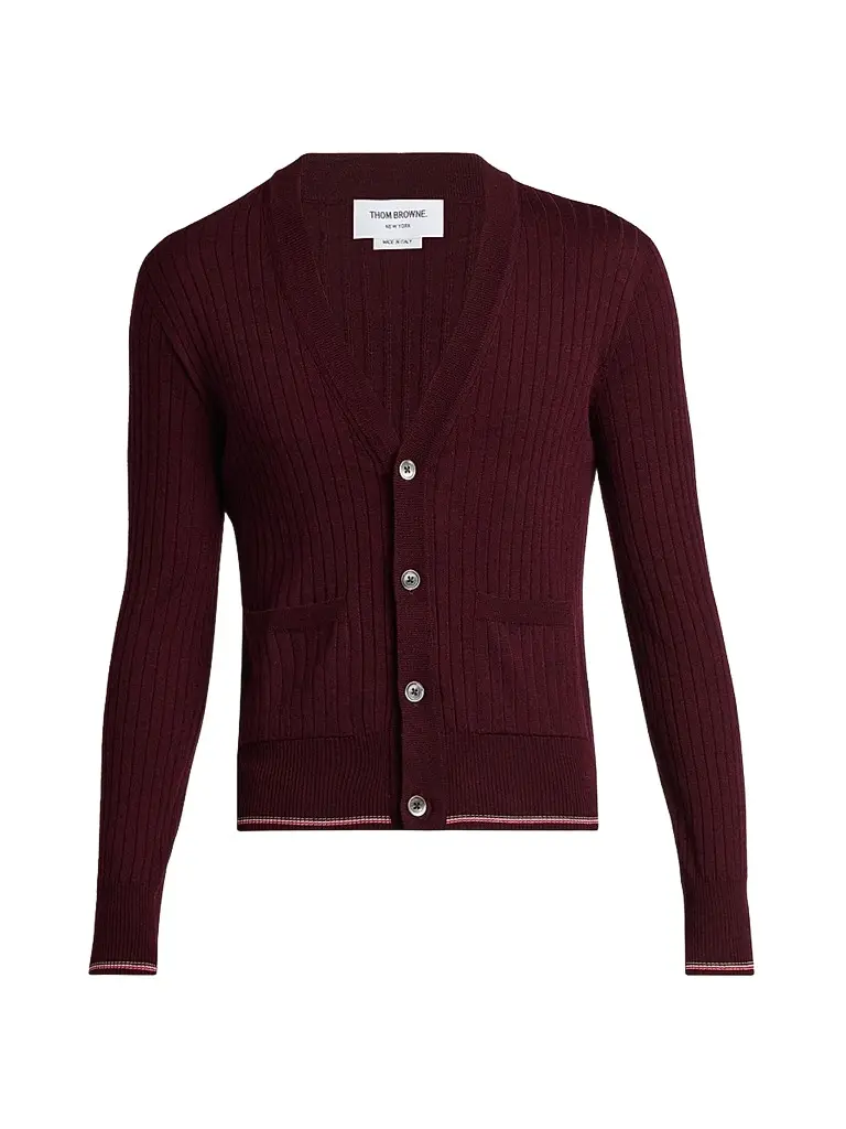 Thom Browne Men's RWB Striped Merino Wool Cardigan - Burgundy | Image 1 Thom Browne Men's RWB Striped Merino Wool Cardigan - Burgundy | Image 1