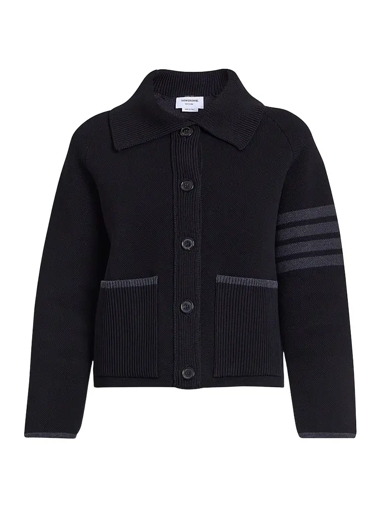 Thom Browne Women's -Bar Stripe Cotton Pique Hybrid Polo Jacket - Black | Image 1 Thom Browne Women's -Bar Stripe Cotton Pique Hybrid Polo Jacket - Black | Image 1