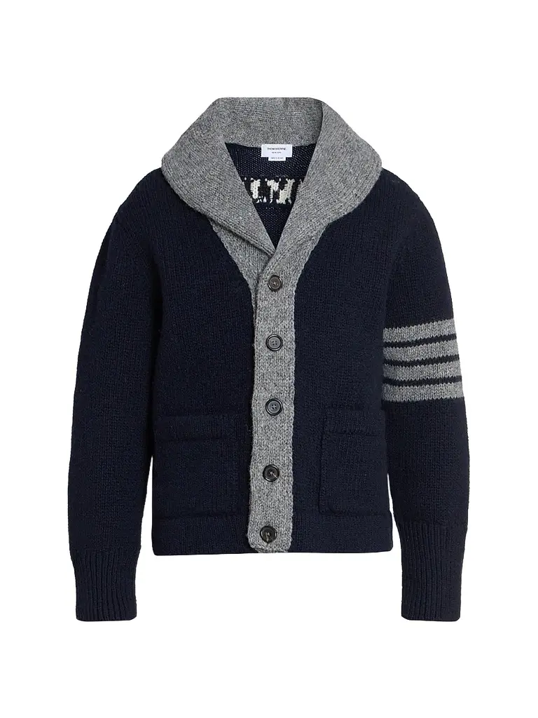 Thom Browne Men's Browne 65 Intarsia-Knit Irish Wool Cardigan - Navy | Image 1 Thom Browne Men's Browne 65 Intarsia-Knit Irish Wool Cardigan - Navy | Image 1