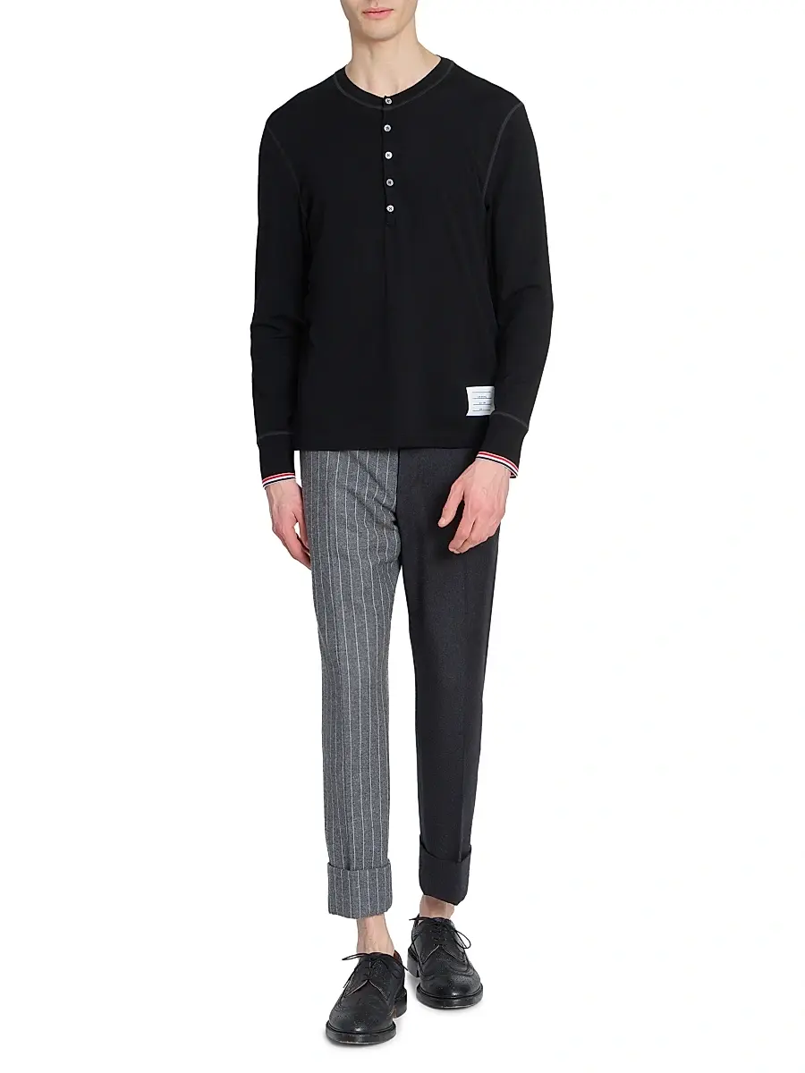 Thom Browne Men's RWB Tipping Stripe Wool Jersey Henley Shirt | Thumbnail 2 Thom Browne Men's RWB Tipping Stripe Wool Jersey Henley Shirt | Thumbnail 2