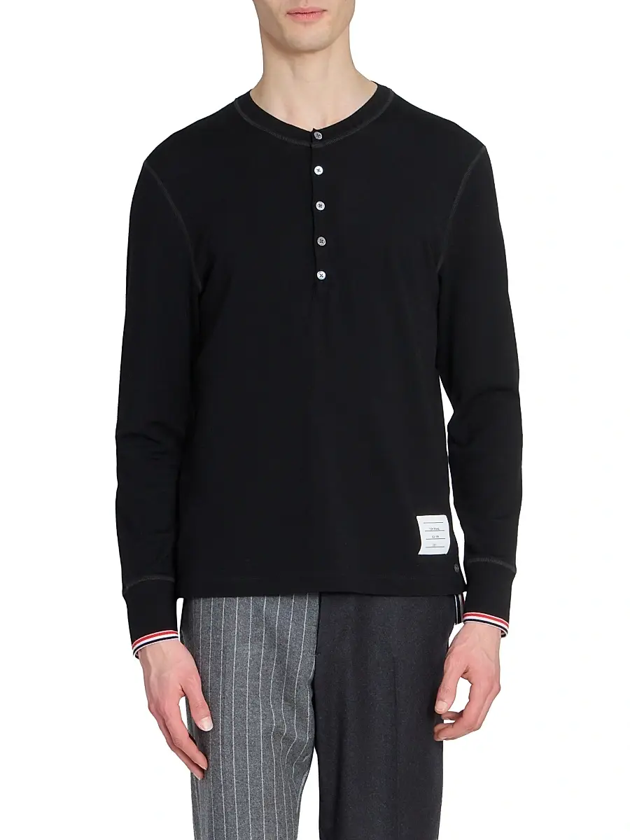 Thom Browne Men's RWB Tipping Stripe Wool Jersey Henley Shirt | Thumbnail 3 Thom Browne Men's RWB Tipping Stripe Wool Jersey Henley Shirt | Thumbnail 3