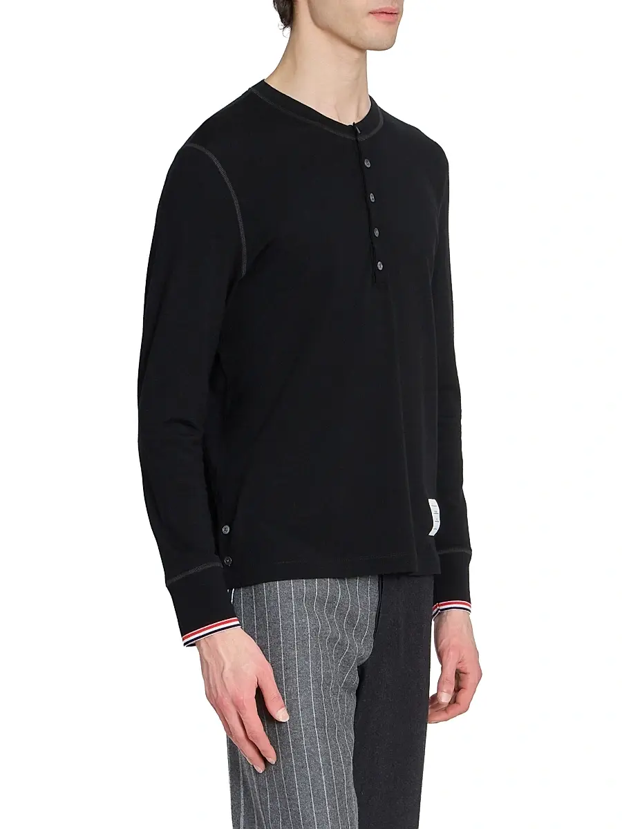Thom Browne Men's RWB Tipping Stripe Wool Jersey Henley Shirt | Thumbnail 4 Thom Browne Men's RWB Tipping Stripe Wool Jersey Henley Shirt | Thumbnail 4