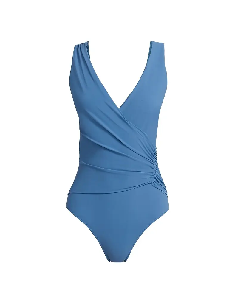 Chiara Boni La Petite Robe Women's Madle Faux-Wrap V-Neck One-Piece Swimsuit - Habour Blue | Image 1 Chiara Boni La Petite Robe Women's Madle Faux-Wrap V-Neck One-Piece Swimsuit - Habour Blue | Image 1