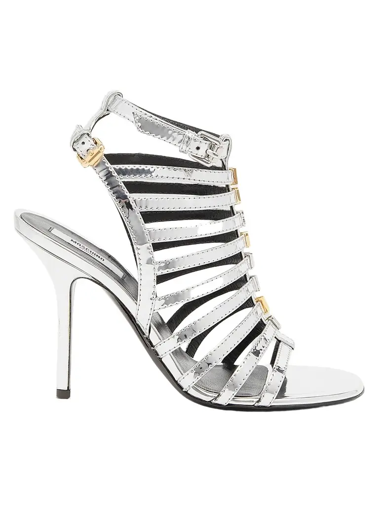 MOSCHINO Women's 0MM Logo Lettering Stiletto Sandals - Silver | Image 1 MOSCHINO Women's 0MM Logo Lettering Stiletto Sandals - Silver | Image 1