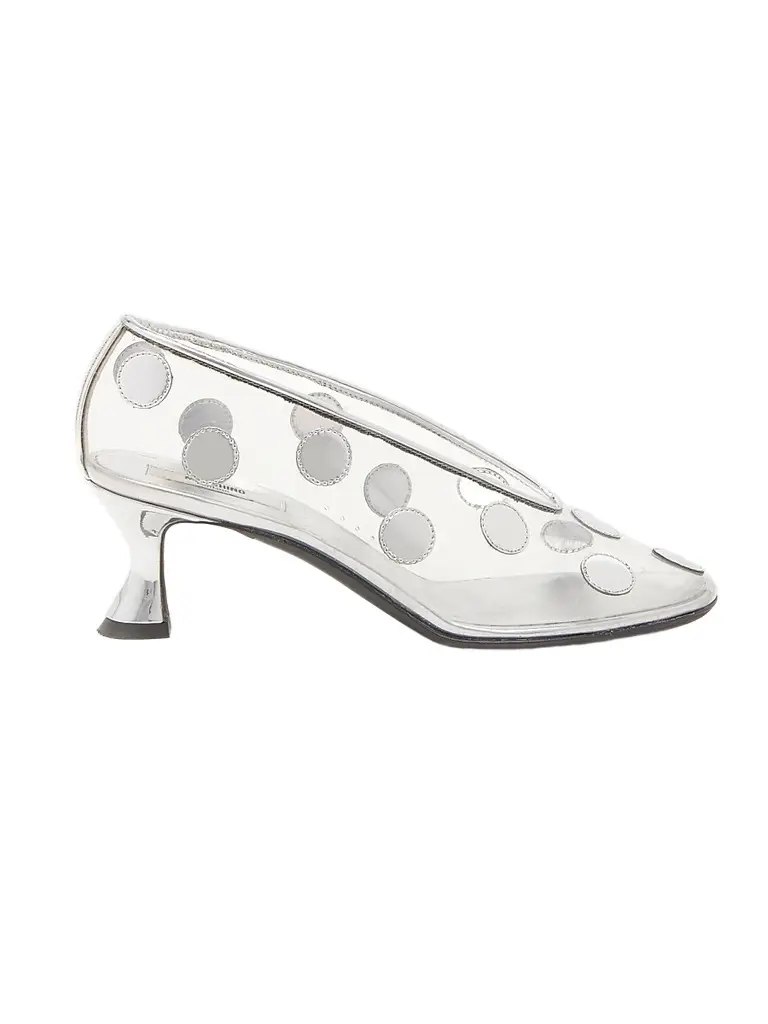MOSCHINO Women's Duck 55MM Transparent Polka Dot Pumps - Transparent Silver | Image 1 MOSCHINO Women's Duck 55MM Transparent Polka Dot Pumps - Transparent Silver | Image 1