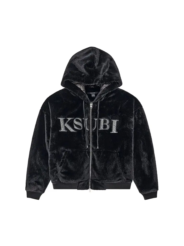 Ksubi Men's Walkout Logo Faux-Fur Hooded Jacket - Black | Image 1 Ksubi Men's Walkout Logo Faux-Fur Hooded Jacket - Black | Image 1