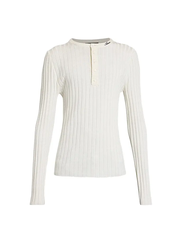 AMIRI Men's Logo Script Knit Henley Top - Alabaster | Image 1 AMIRI Men's Logo Script Knit Henley Top - Alabaster | Image 1