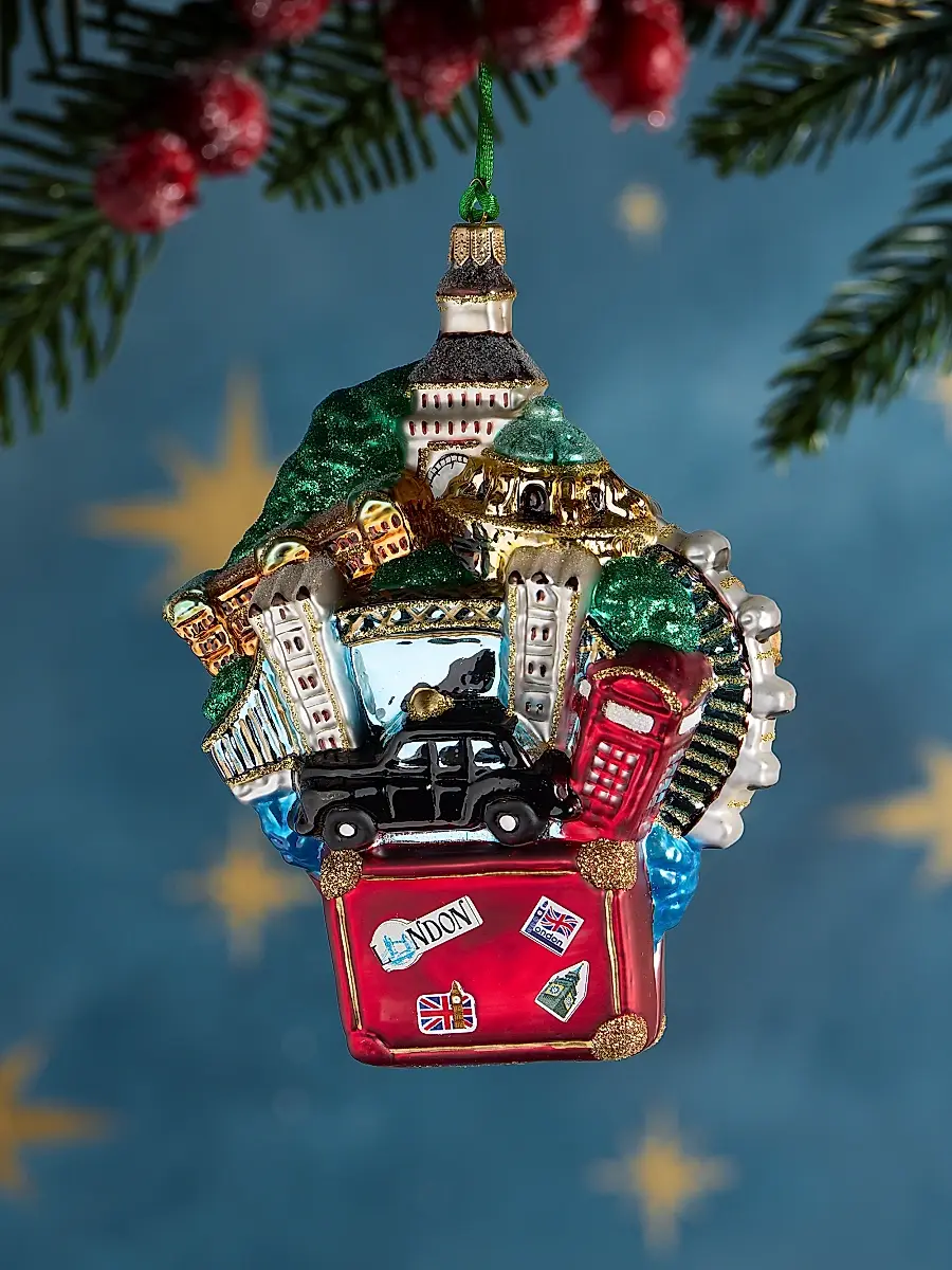 Exclusively Ours English Suitcase Glass Ornament | Image 1 Exclusively Ours English Suitcase Glass Ornament | Image 1