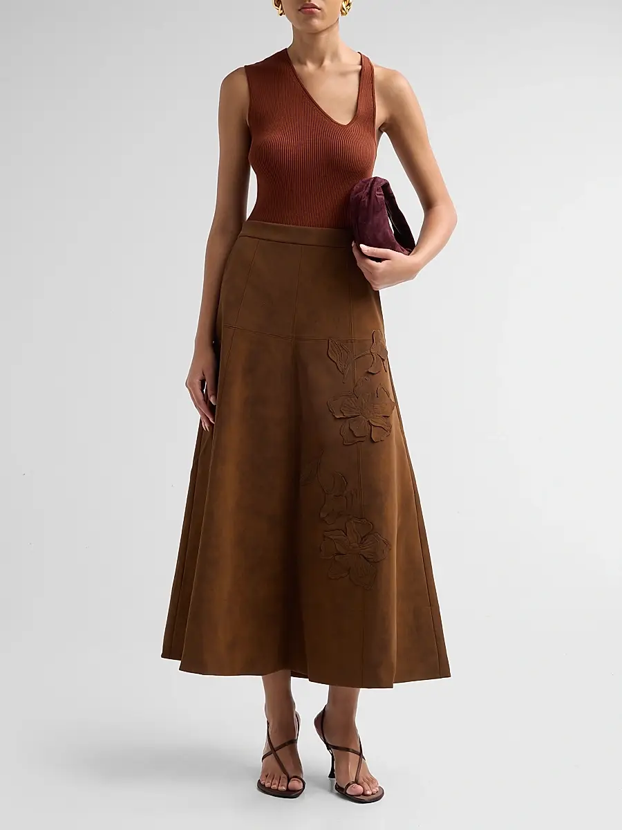 Amur Women's Kara Floral-Embroidered Faux-Suede Midi Skirt | Thumbnail 2