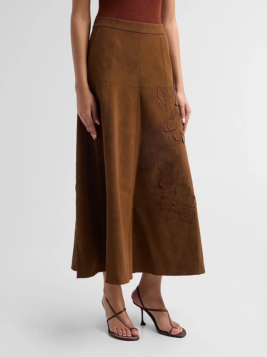 Amur Women's Kara Floral-Embroidered Faux-Suede Midi Skirt | Thumbnail 4