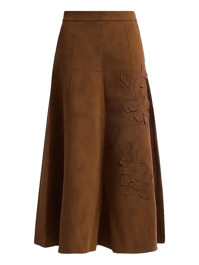Women's Kara Floral-Embroidered Faux-Suede Midi Skirt Women's Kara Floral-Embroidered Faux-Suede Midi Skirt