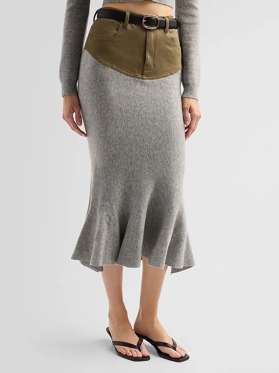 Self-Portrait Women's Denim-Insert Knit Midi Skirt | Thumbnail 4