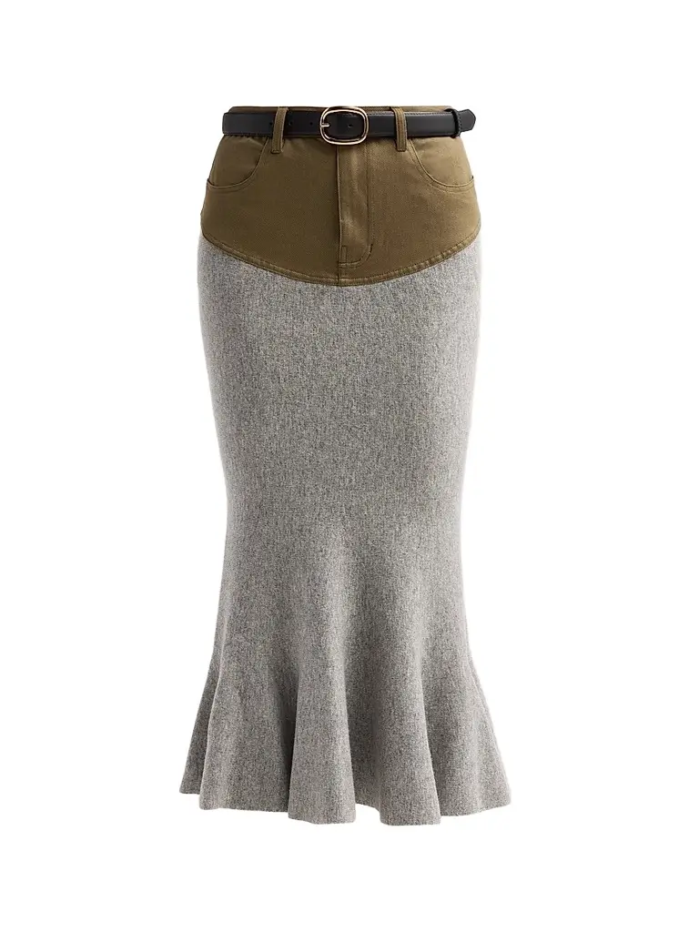 Self-Portrait Women's Denim-Insert Knit Midi Skirt