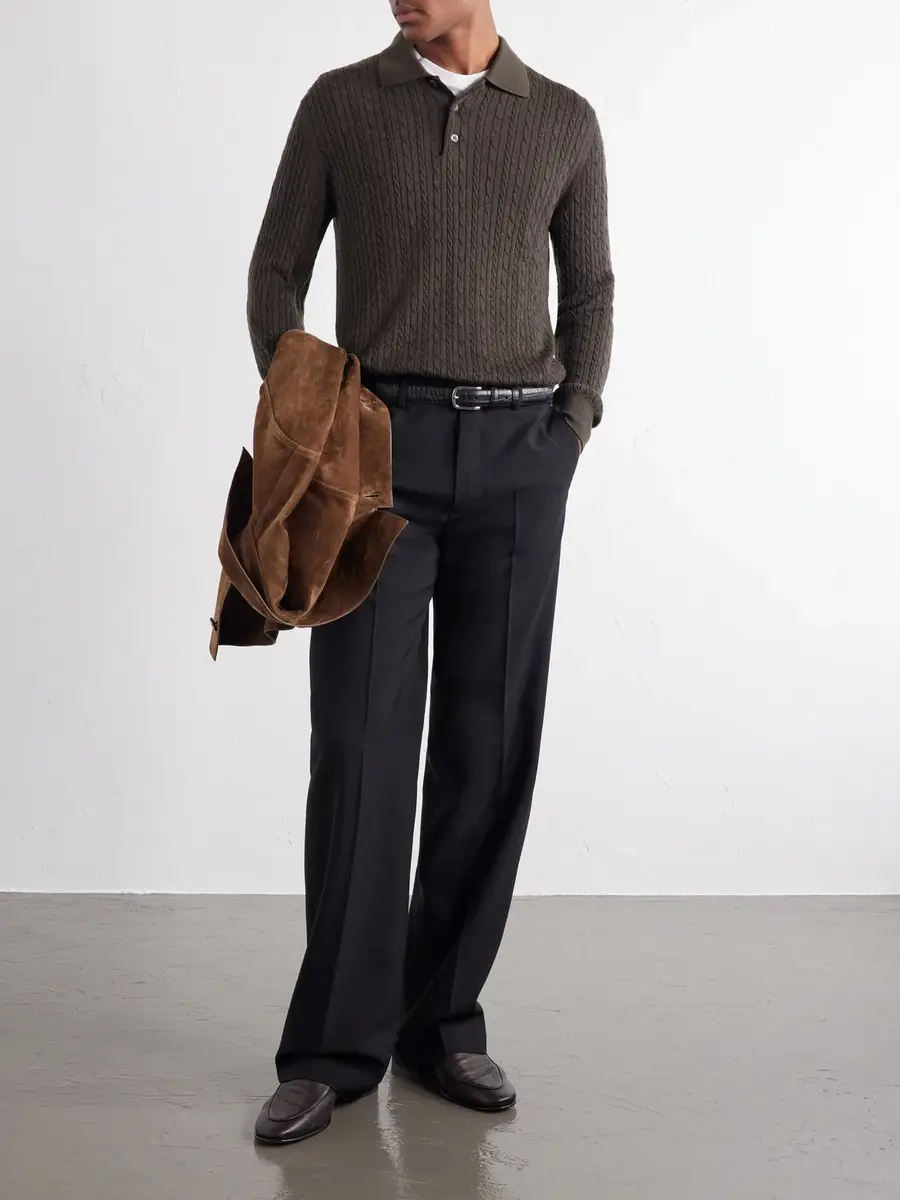 PIACENZA 1733 Cable-Knit Wool, Silk and Cashmere-Blend Polo Sweater - Men | Thumbnail 2 PIACENZA 1733 Cable-Knit Wool, Silk and Cashmere-Blend Polo Sweater - Men | Thumbnail 2