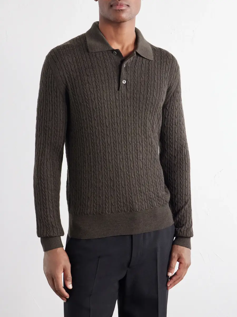 PIACENZA 1733 Cable-Knit Wool, Silk and Cashmere-Blend Polo Sweater - Men | Thumbnail 3 PIACENZA 1733 Cable-Knit Wool, Silk and Cashmere-Blend Polo Sweater - Men | Thumbnail 3