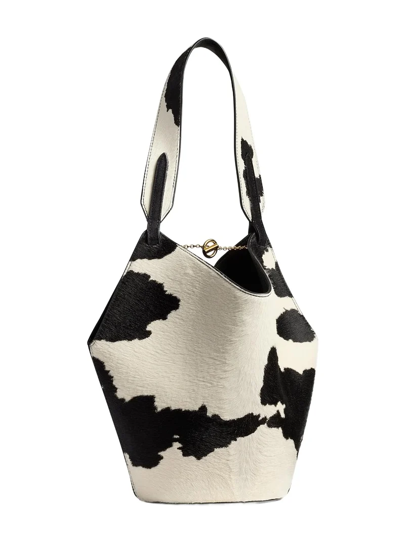 Khaite Mini Lotus Tote In Cow Print Haircalf/black Suede