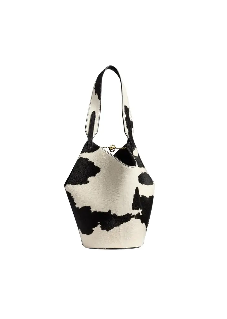 Khaite Mini Lotus Tote In Cow Print Haircalf/black Suede | Image 1 Khaite Mini Lotus Tote In Cow Print Haircalf/black Suede | Image 1