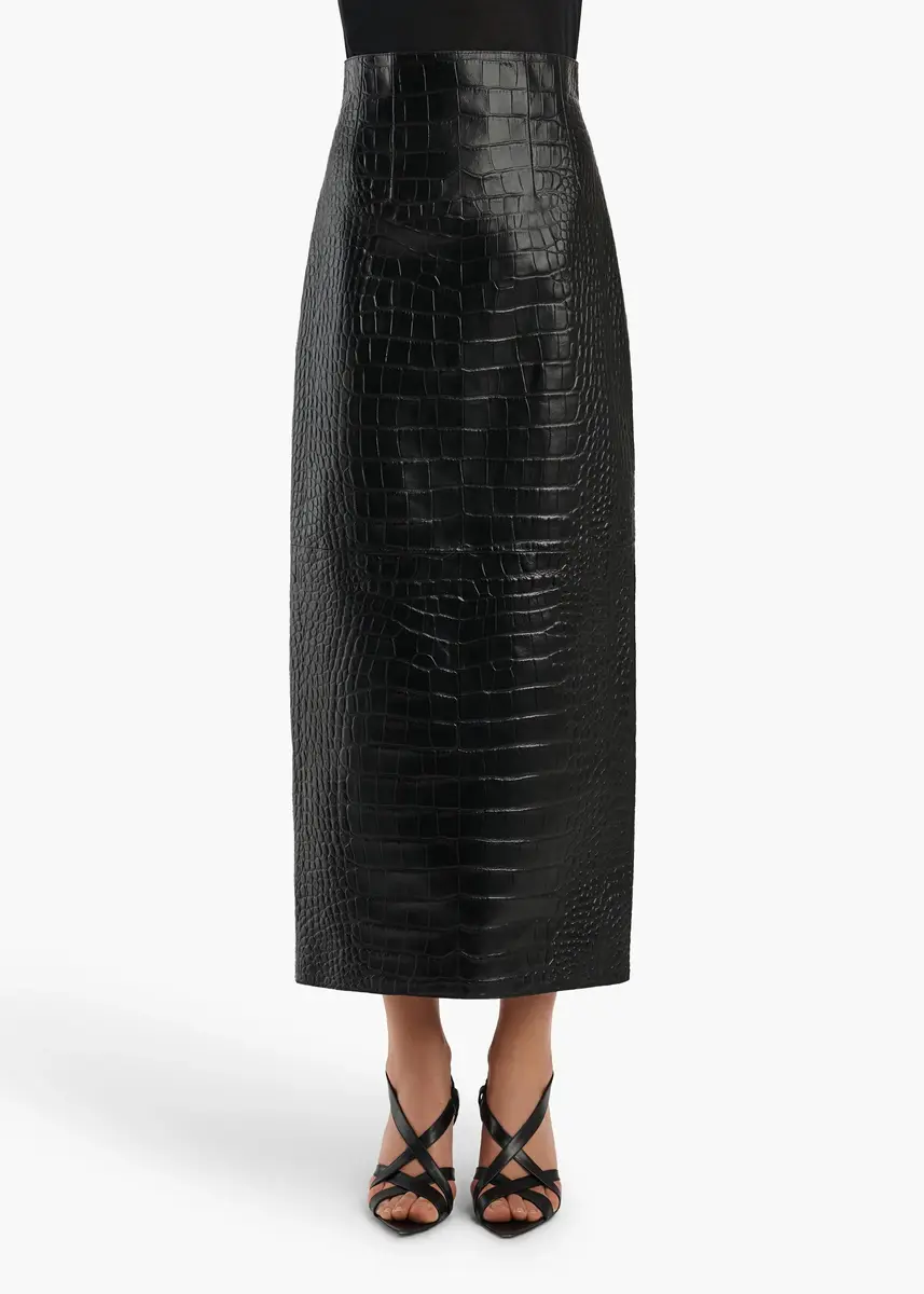 Khaite Loxley Skirt In Black Croc-Embossed Leather | Thumbnail 3