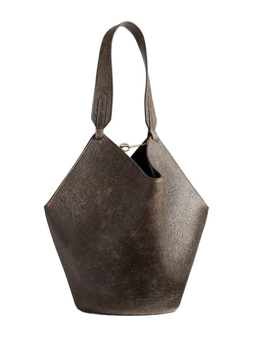 Small Lotus Tote In Natural And Black Distressed Leather Small Lotus Tote In Natural And Black Distressed Leather