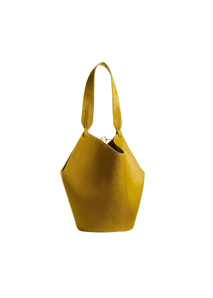 Khaite Mini Lotus Tote In Golden Olive Suede | Image 1 Khaite Mini Lotus Tote In Golden Olive Suede | Image 1