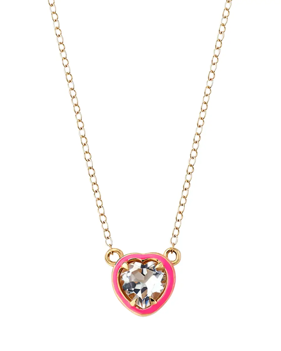 Alison Lou Heart Cocktail Necklace with White Topaz and Pink Enamel in 14K Yellow Gold | Thumbnail 2 Alison Lou Heart Cocktail Necklace with White Topaz and Pink Enamel in 14K Yellow Gold | Thumbnail 2