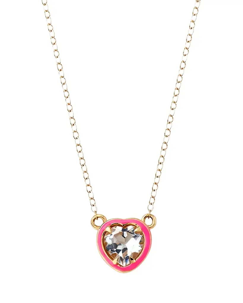 Alison Lou Heart Cocktail Necklace with White Topaz and Pink Enamel in 14K Yellow Gold | Image 1 Alison Lou Heart Cocktail Necklace with White Topaz and Pink Enamel in 14K Yellow Gold | Image 1
