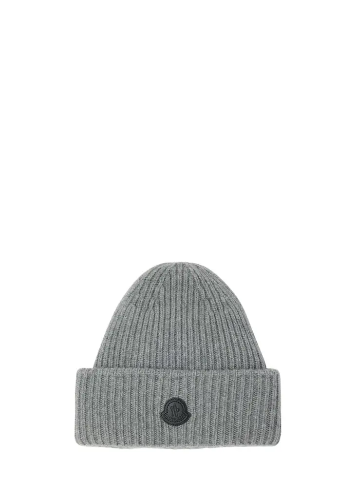 Moncler Men's Cashmere Rib Leather-Logo Beanie Hat | Image 1 Moncler Men's Cashmere Rib Leather-Logo Beanie Hat | Image 1