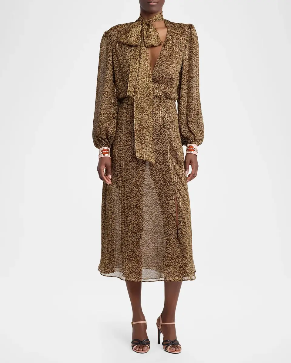 Valentino Garavani Creponne Lamé Embroidered Puff-Sleeve Midi Dress | Thumbnail 2 Valentino Garavani Creponne Lamé Embroidered Puff-Sleeve Midi Dress | Thumbnail 2