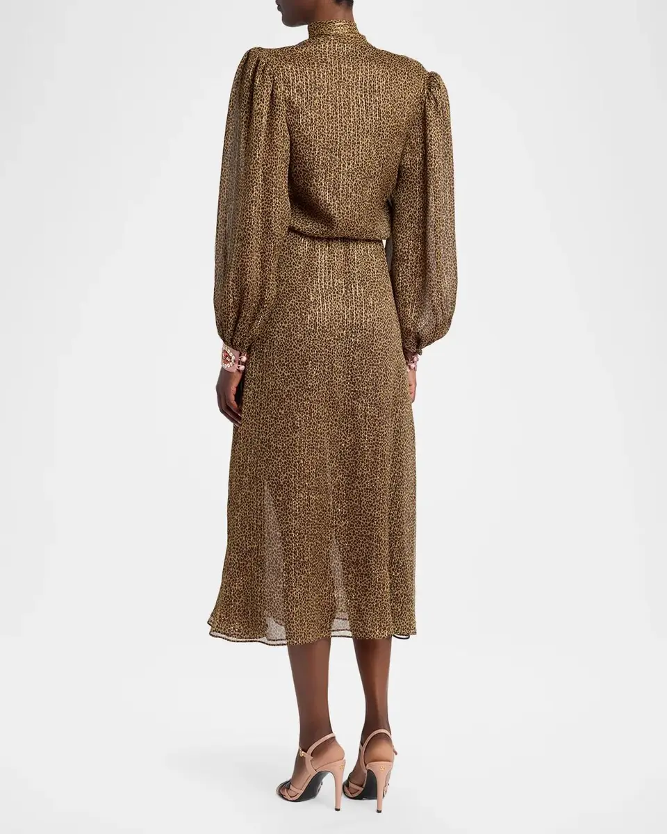 Valentino Garavani Creponne Lamé Embroidered Puff-Sleeve Midi Dress | Thumbnail 3 Valentino Garavani Creponne Lamé Embroidered Puff-Sleeve Midi Dress | Thumbnail 3