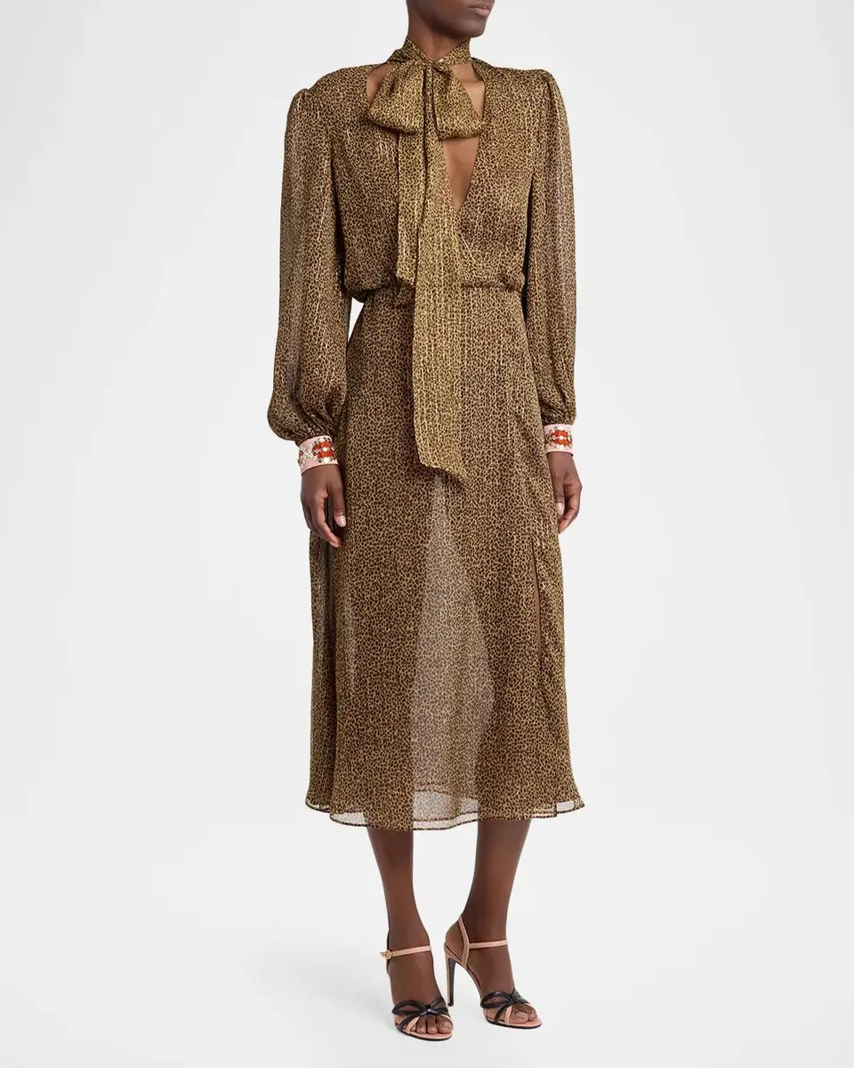 Valentino Garavani Creponne Lamé Embroidered Puff-Sleeve Midi Dress | Thumbnail 4 Valentino Garavani Creponne Lamé Embroidered Puff-Sleeve Midi Dress | Thumbnail 4