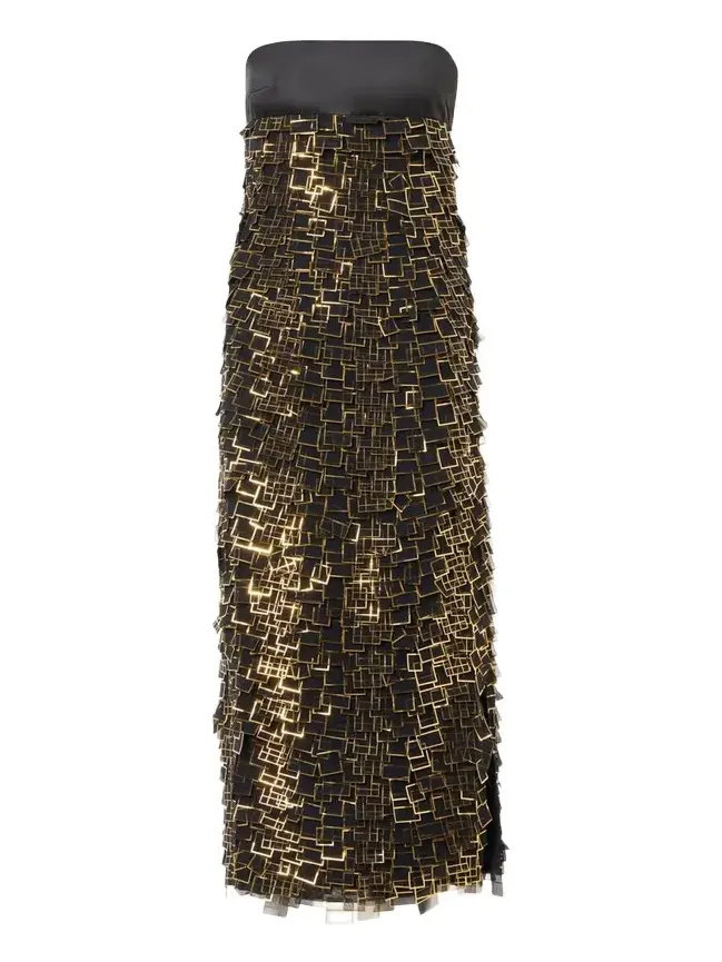 Akris Strapless Empire Layered Metallic Organza Midi Dress