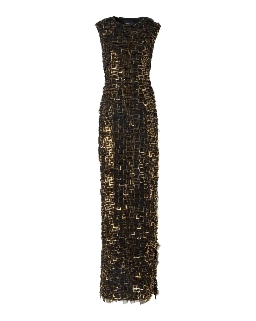 Akris Metallic Organza Tiles Sleeveless Column Gown