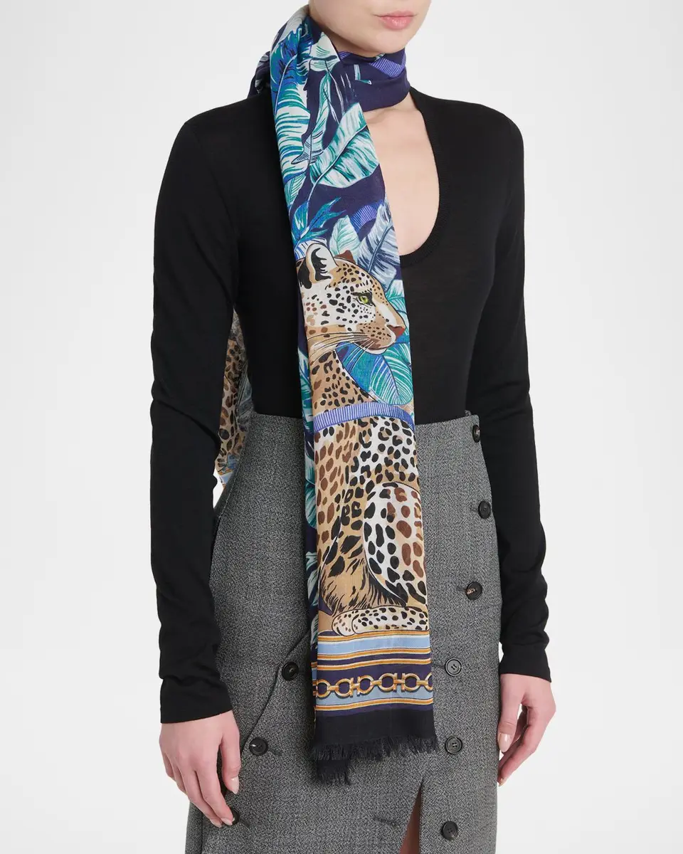 Ferragamo Poised Leopards Long Wool Scarf | Thumbnail 3