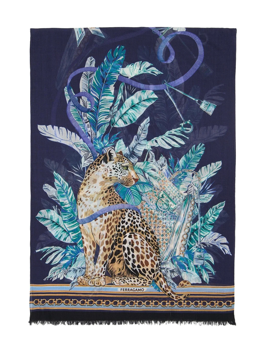 Ferragamo Poised Leopards Long Wool Scarf