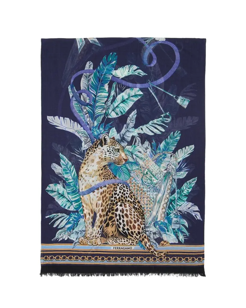Ferragamo Poised Leopards Long Wool Scarf | Image 1 Ferragamo Poised Leopards Long Wool Scarf | Image 1